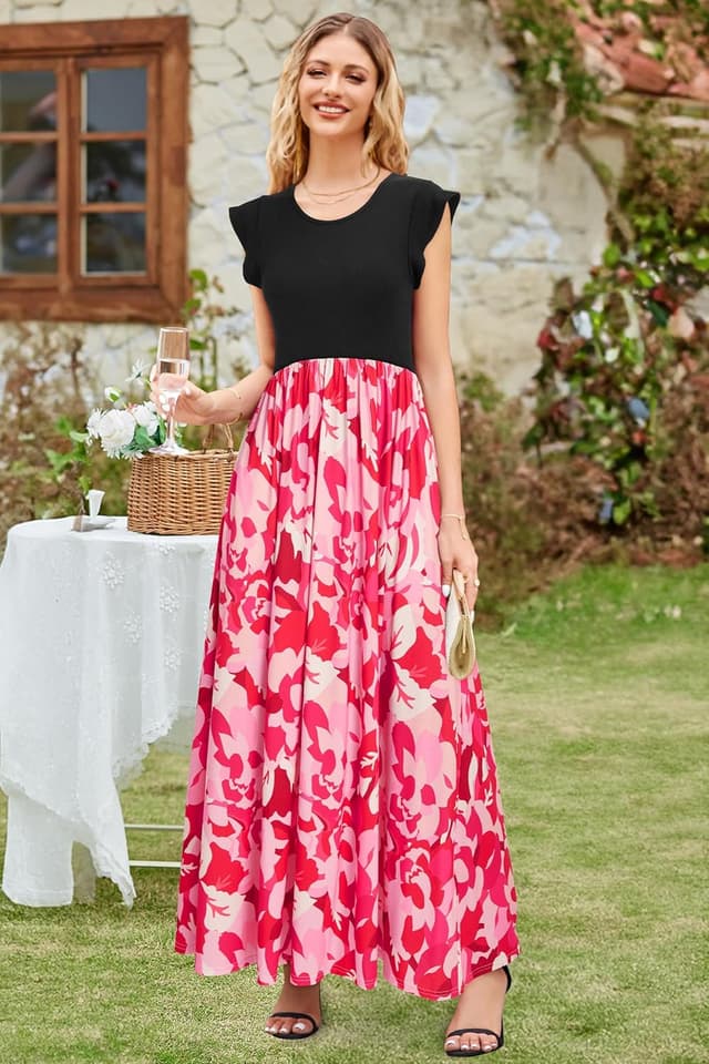 Detalle de OUGES Sommerkleid Damen Lang mit Rüschen, Maxikleid mit Taschen