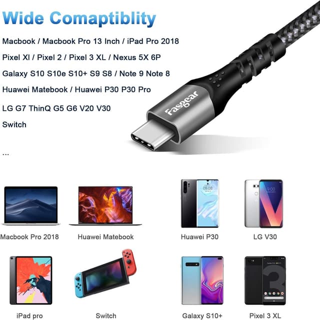 Detalle 2 de Fasgear USB C Cable (USB 3.1 Gen 2) – 100W USB-C PD, 10Gbps and 4K@60Hz (3ft, black)