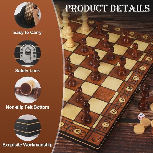 Thumbnail 4 de Nuangoo Scacchiera in Legno 34x34 cm 3‑in‑1