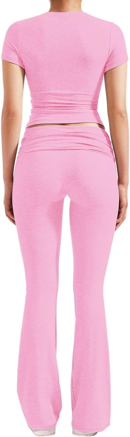 Detalle 2 de YETOWA Women’s 2-Piece Lounge Set with Slim Short-Sleeve Top and Low-Rise Flare Leggings