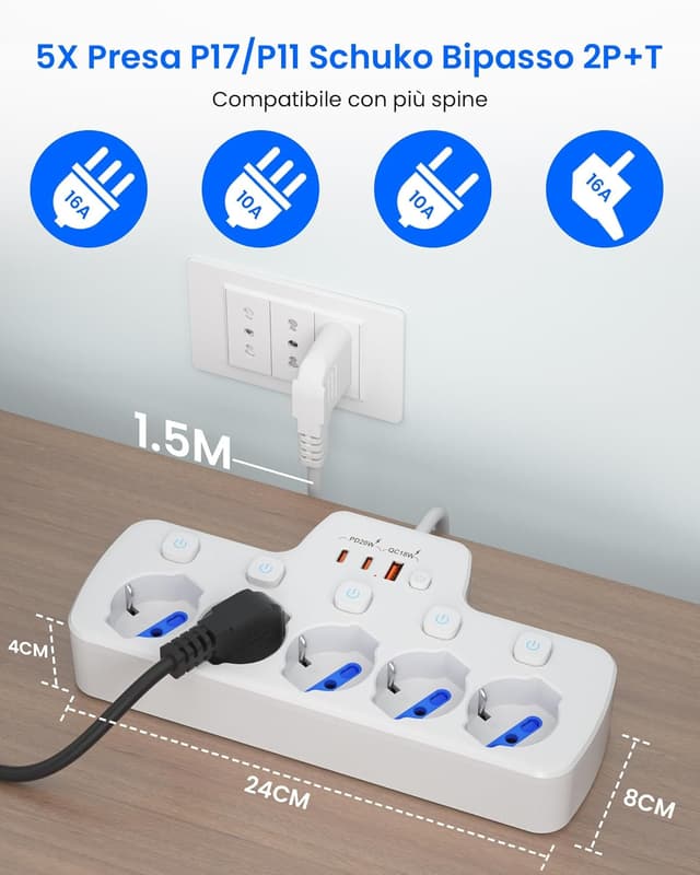 Detalle de Ciabatta multipresa 5 posti con USB 1,5 m