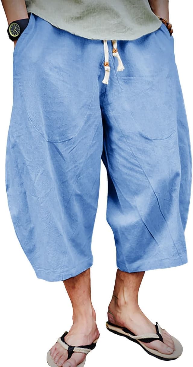 Thumbnail 6 de EKLENTSON Men's Cotton Linen Capri Pants — Light Loose 3/4 Harem Shorts with Elastic Waist