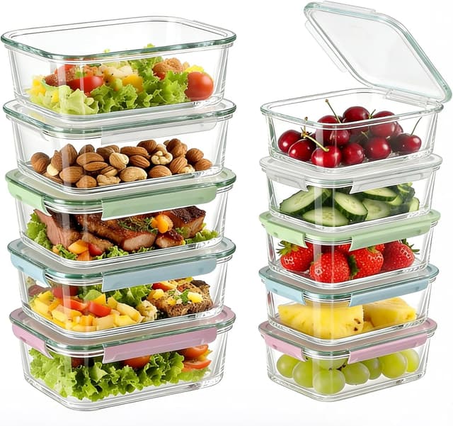 Detalle de MerryNine Glass Food Storage Containers 10-Pack (1040ml & 370ml) with Airtight Leakproof Lids