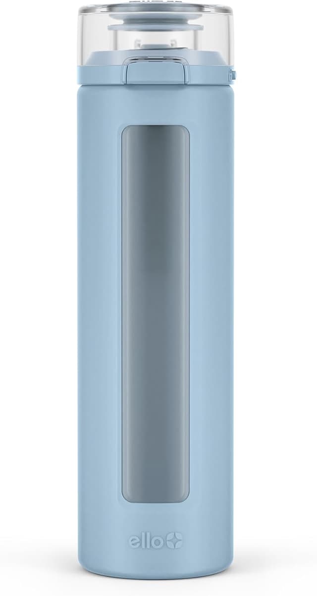Detalle de Ello Syndicate 20oz Reusable Glass Water Bottle with One-Touch Leak-Proof Flip Lid (Tech Blue)