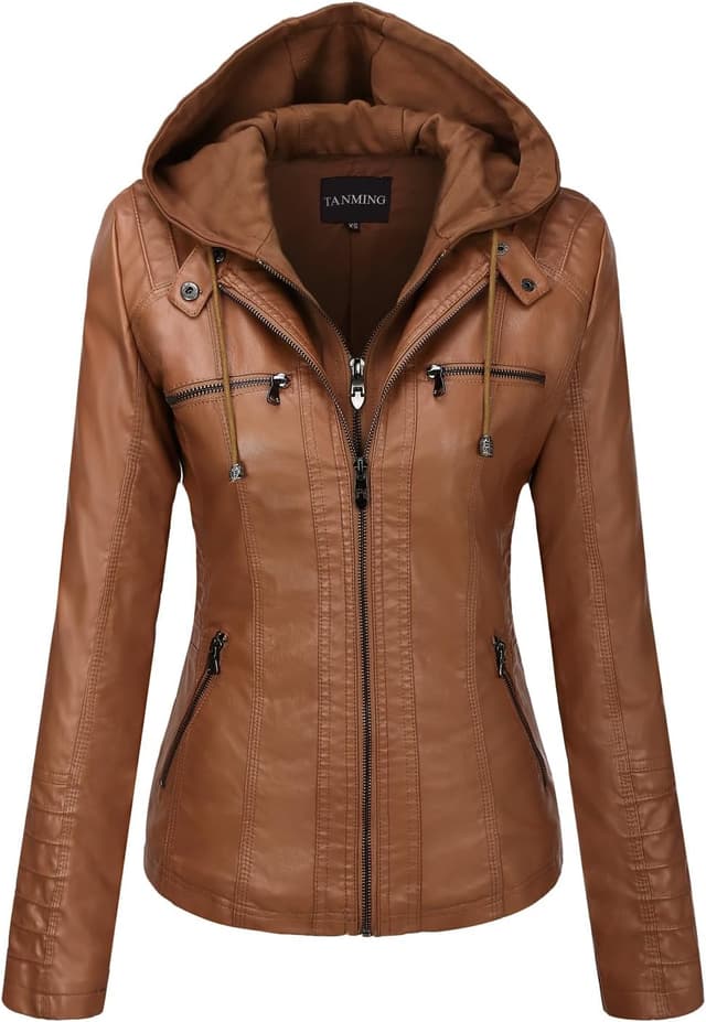 Detalle de Tanming Faux Leather Hooded Moto Jacket