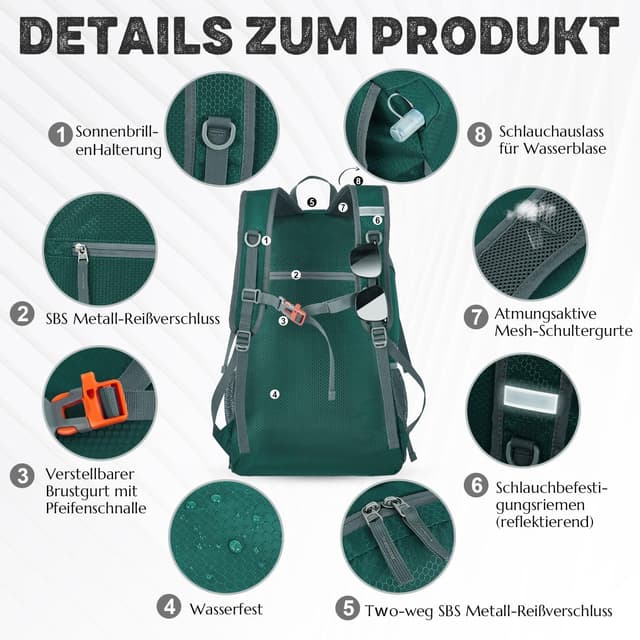 Detalle de BECOJADDE Faltbarer Wanderrucksack 40L (Wasserdicht) – Ultraleicht mit Nassfach