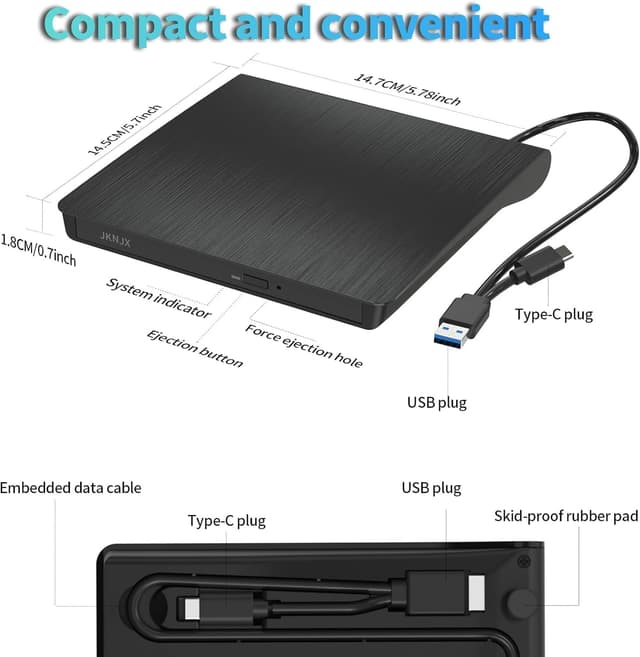 Detalle 2 de External USB 3.0 & Type-C CD/DVD Drive (CD-R/RW & DVD±RW) for Windows, macOS, and Linux