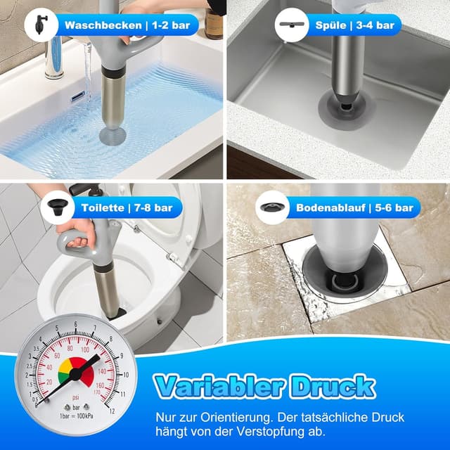 Detalle de Rohrreiniger Druckluft Abflussreiniger Pumpe mit Drucklufttechnologie und Druckanzeige (4 Saugnäpfe) – Pömpel Toilette, grau