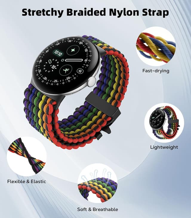 Detalle de Astorgos Braided Band for Google Pixel Watch 3/4 (45mm) with elastic nylon strap and parachute buckle