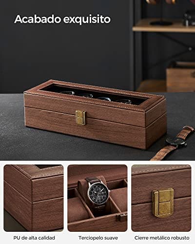 Detalle de SONGMICS JWB006K01: caja para 6 relojes con tapa de cristal y cojín extraíble