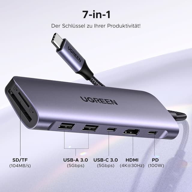 Detalle 2 de UGREEN Revodok 1071 USB C Hub 4K HDMI