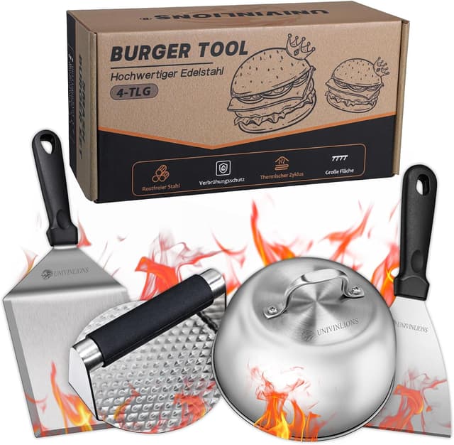 Detalle de univinlions Set Smash Burger in acciaio inox: pressa, campana e spatole per griglia