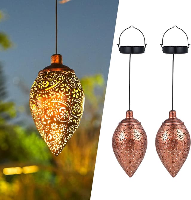 Detalle de Görvitor Solarlaterne für Außen (Olivenform) – 2er-Set, Metall, warmweiß, wasserdicht IP65