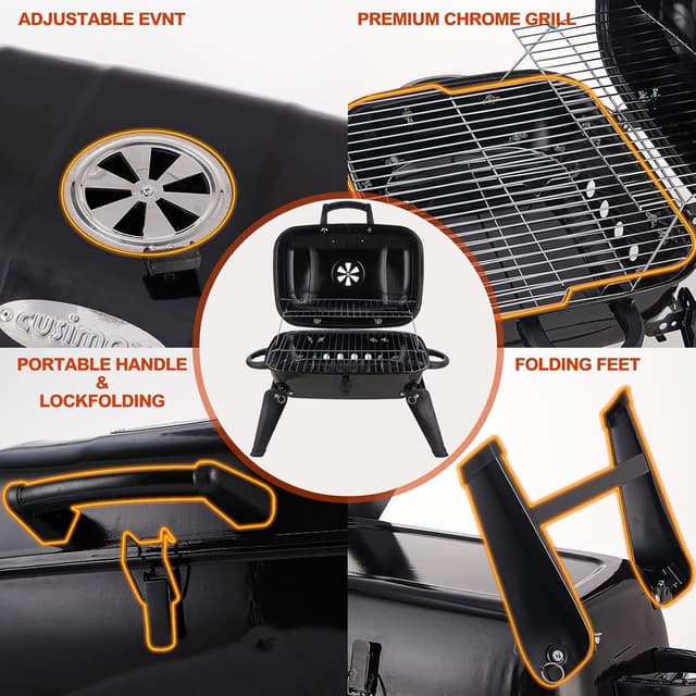 Detalle 2 de CUSIMAX 18-inch Portable Charcoal Grill & Smoker with Lid, Folding Tabletop, Black