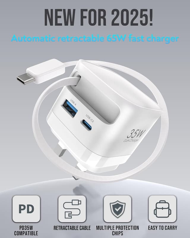 Thumbnail 1 de TOPADRE 35W Retractable USB-C Charger (3 Ports) with Built-in 70cm Cable, White