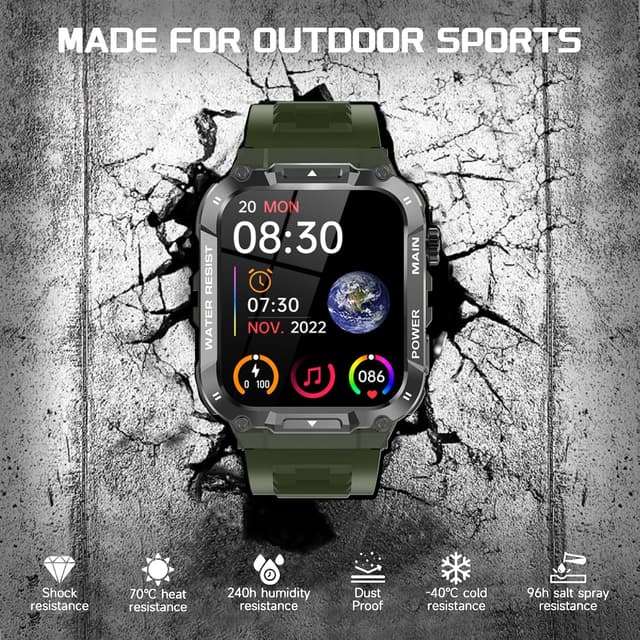 Detalle de Military Smart Watch for Men (1.96-inch) in Military Green with Call, Fitness, Blood Oxygen & Sleep