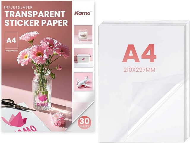 Detalle de Kamo Papier Autocollant Transparent 100% Premium A4 (30 feuilles) – étiquettes vinyle imprimables pour imprimantes laser & jet d’encre