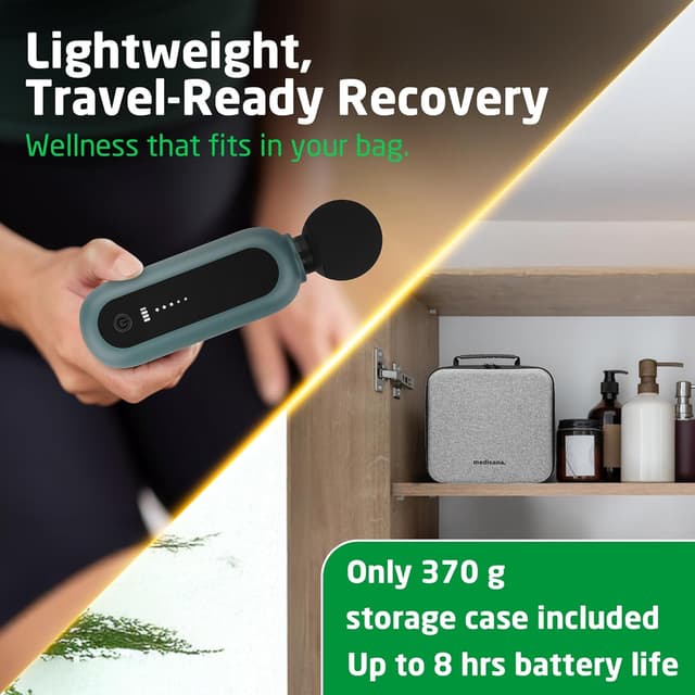 Detalle de medisana MG 200 Mini Massage Gun with 4 attachments, smart mode and 5 intensity levels