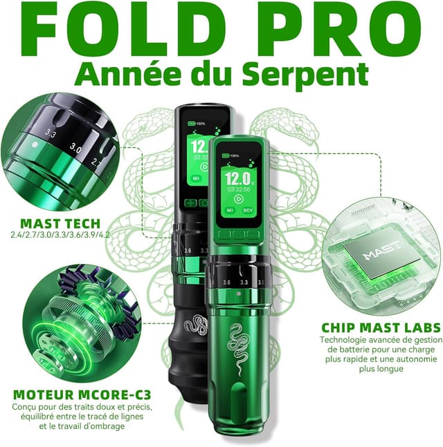 Detalle 2 de Dragonhawk Fold Pro « Year of Snake » Mcore-C3 — kit machine à tatouer sans fil 3000 mAh avec 2 piles