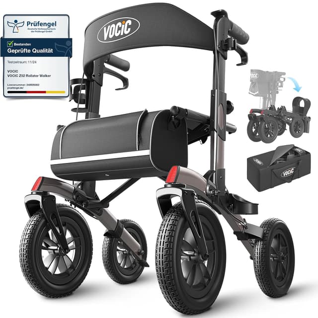 Detalle de VOCIC Rollator faltbar und leicht mit Sitz – Outdoor-Rollator mit nicht-pneumatischen Gummi-Reifen, grau