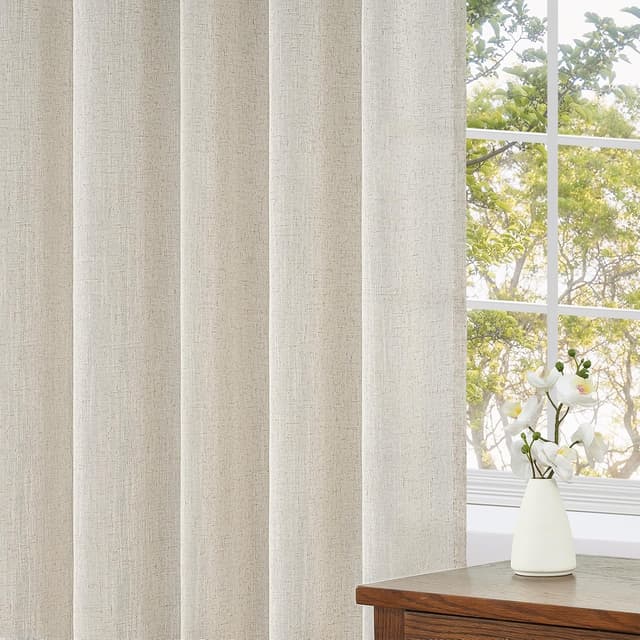 Detalle de Topfinel Vorhänge mit Kräuselband (2er Set) Beige Natural Boho Leinenoptik, halbtransparent – 140×245 cm