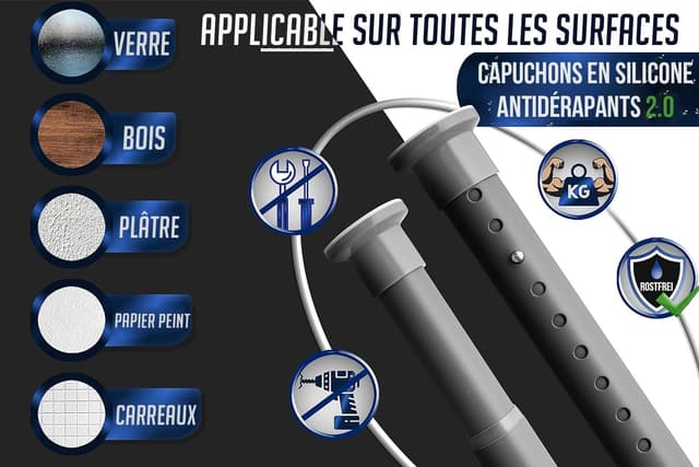 Detalle de MEISENBERG Barre rideau sans perçage extensible 160-210 cm, gris Ø 25 mm