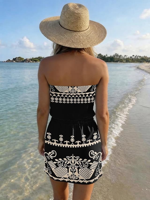 Detalle 1 de Women’s Strapless Summer Dress Boho Beach Cover-Up with Pockets and Drawstring Waist