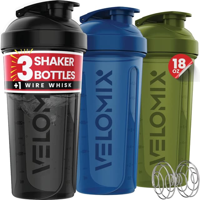Detalle de VELOMIX 3-Pack 18 oz Protein Shaker Bottles with Wire Whisk (Leak Proof, Stackable, Dishwasher Safe)
