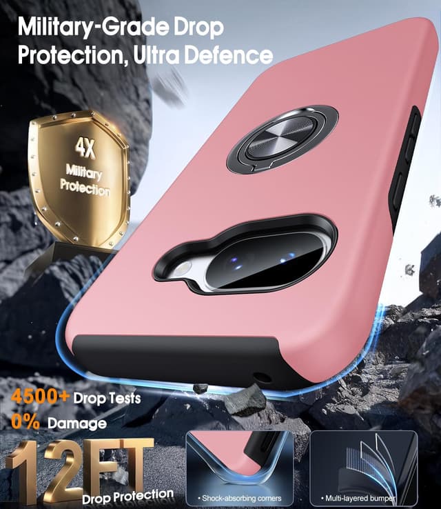 Detalle 2 de AOUIA 360° Metal Ring Stand Case (2-pack tempered glass screen protectors) for Google Pixel 9A, Pink