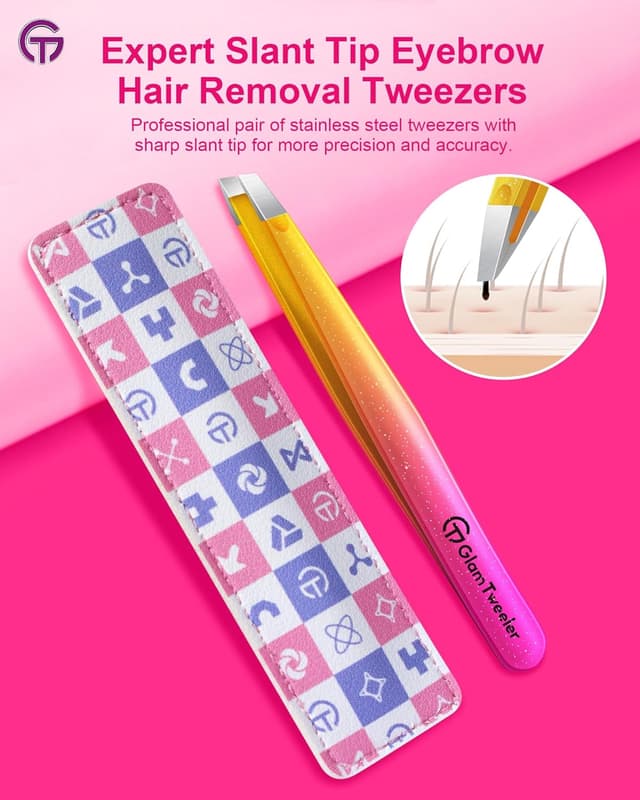 Detalle de GlamTweeler Expert Eyebrow Hair Removal Tweezer with Leather Case (Sparkle Fuchsia & Yellow) – Slant Tip Stainless Steel