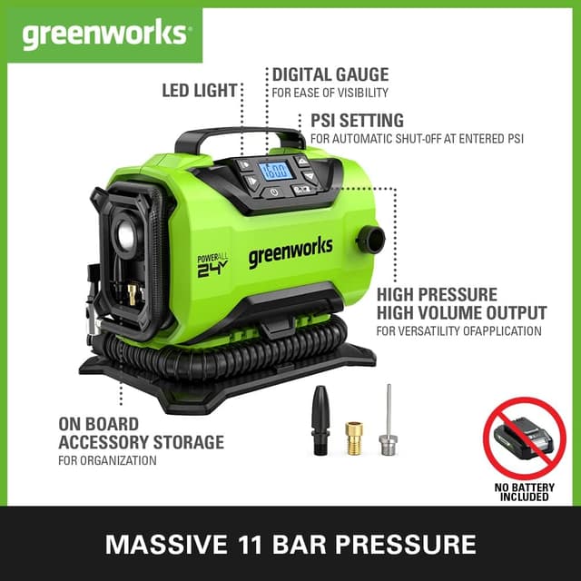 Detalle de Greenworks G24IN Battery Air Pump (11 Bar) with Low/High Pressure, Auto Shut-Off & 3 Adapters (Tool Only)