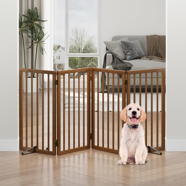 Detalle de Algherohein Tall Dog Gates for Doorways – Foldable Freestanding 4-Panel Indoor Puppy Gate (Walnut)