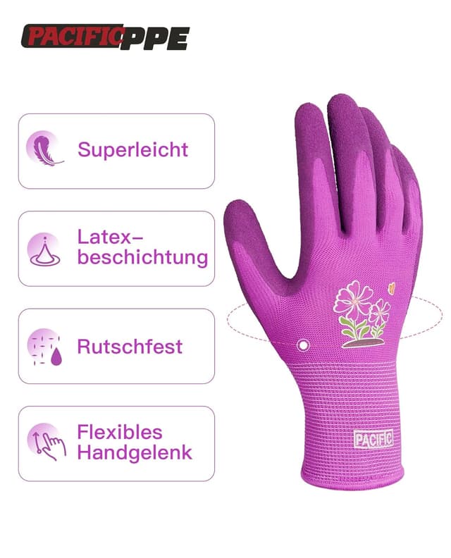 Detalle de PACIFIC 3 Paar Gartenhandschuhe für Damen (Lila/Gelb/Rot), Größe 7/S – rutschfeste Ultra-Grip Arbeitshandschuhe