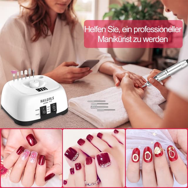 Detalle de NAILGIRLS Nagelfeile elektrisch (11-in-1) für Gelnägel mit 0–35.000 U/Min, LCD & Fußpedal