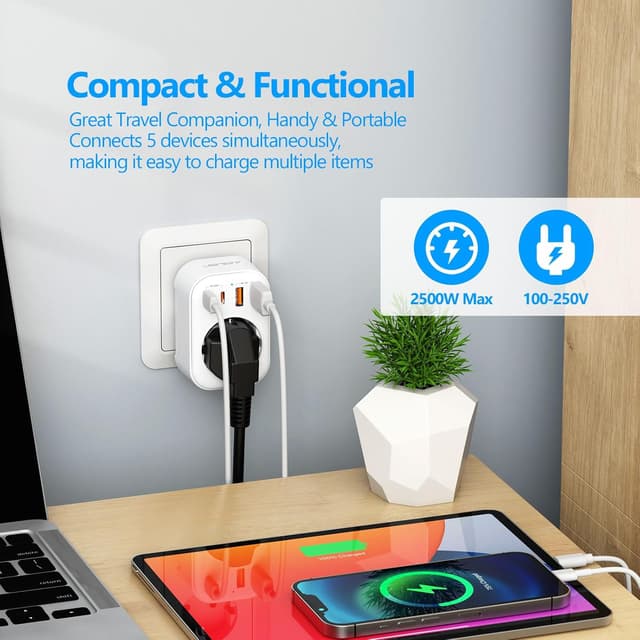 Detalle de JSVER adaptateur prise USA 5 en 1 (France → USA/Canada) avec 2 USB-A et 2 USB-C (PD 20 W) — blanc