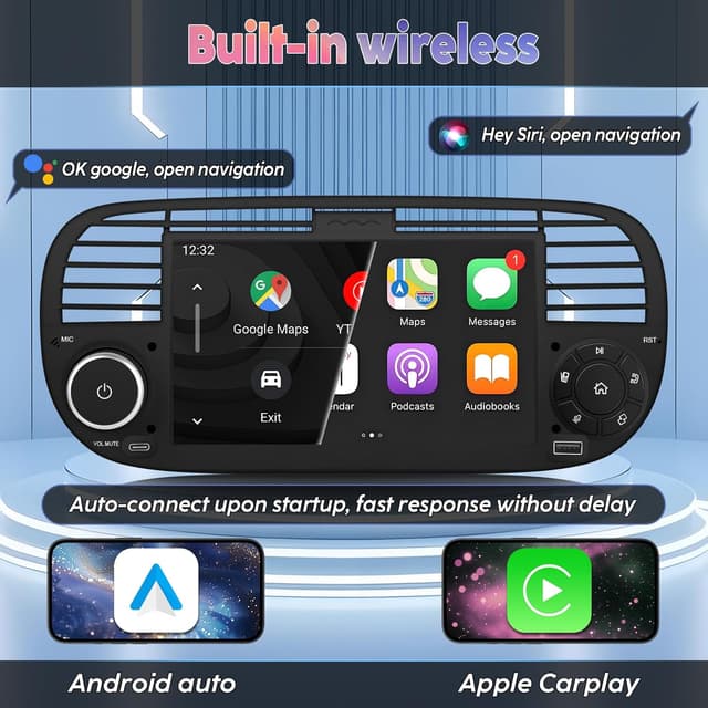 Detalle de Autoradio mit 7" Touch-Display für Fiat 500 (2007–2015) – drahtloses CarPlay & Android Auto, Bluetooth, USB