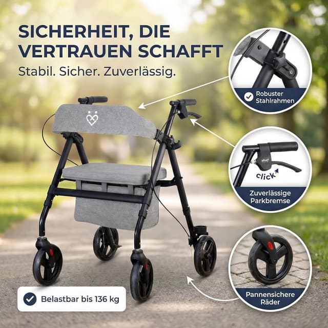 Detalle de ForeverSenior Rollator faltbar & leicht mit Sitz (9 kg) – schmal für Wohnung & Outdoor