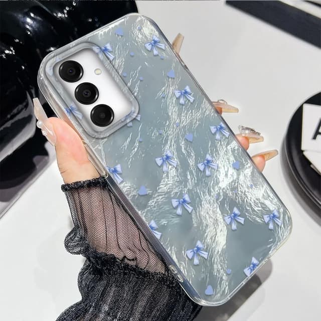Detalle de Tedyhulle Hülle für Samsung Galaxy A34 5G – Weicher TPU-Rahmen mit harter PC-Rückseite und blauem Schleifen-/Glitzer-Motiv