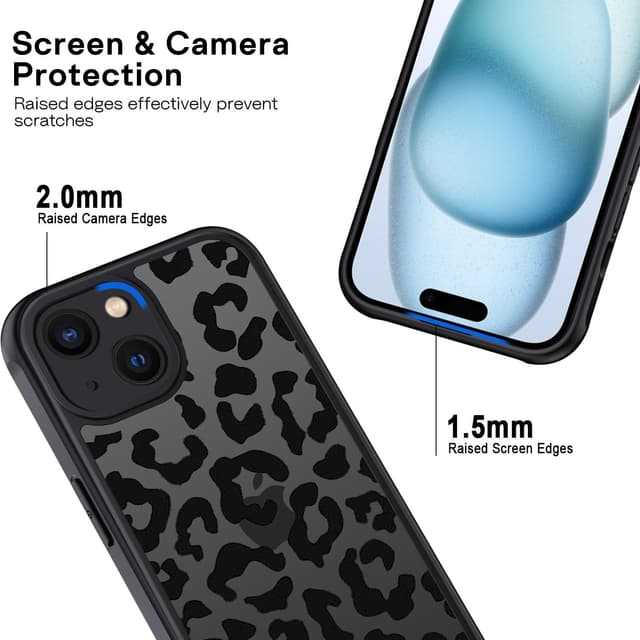 Detalle de XTCASE Cover per iPhone 15 con motivo leopardato: silicone/TPU morbido e retro PC rigido anti-graffio