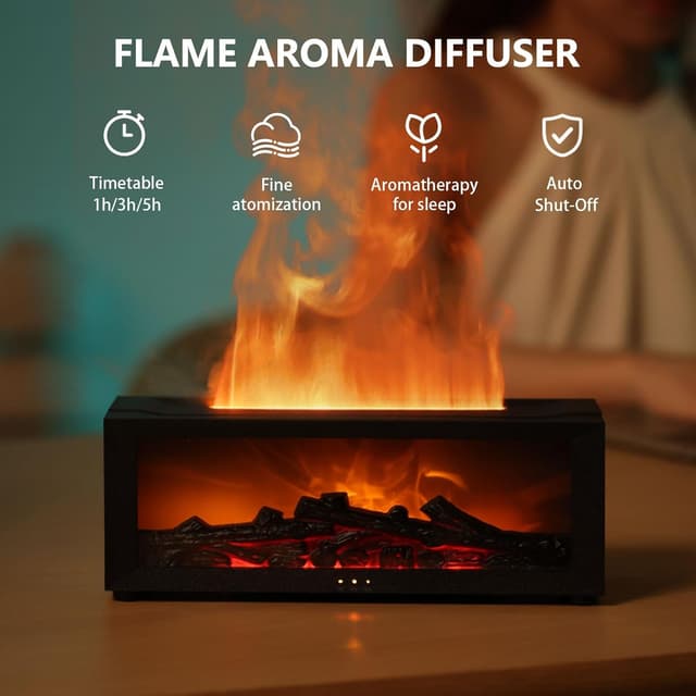Detalle de Diffuseur d’arômes avec cheminée LED Flame, humidificateur 4 en 1 et minuterie (4 modes)