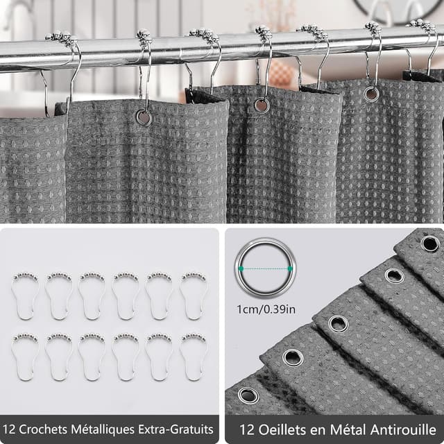 Detalle de FIISAYL rideau de douche/baignoire en polyester gaufré 183 x 198 cm gris foncé avec 12 crochets
