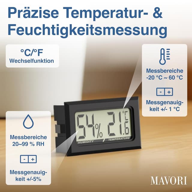 Detalle de MAVORI 5er-Set Mini Thermo-Hygrometer digital (2-in-1) für Temperatur & Luftfeuchtigkeit