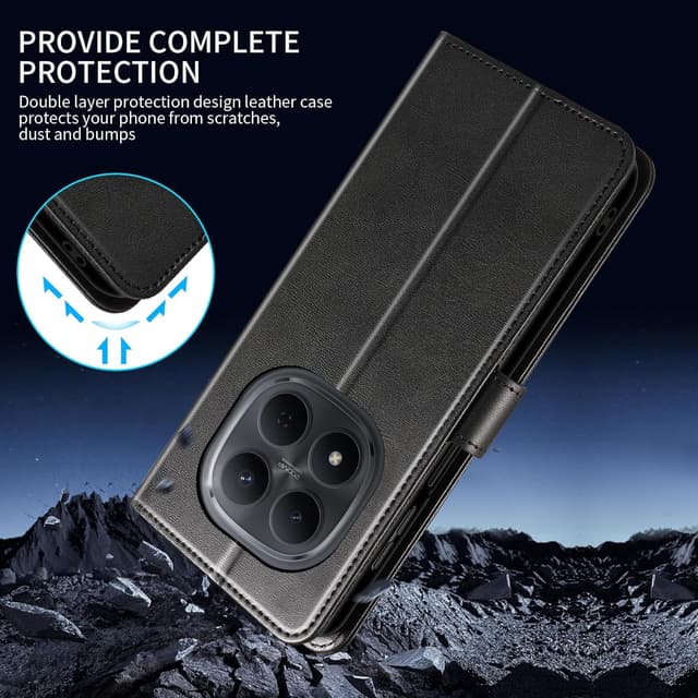 Detalle de Custodia WAURZ in pelle a libro per Xiaomi Redmi Note 15 Pro 4G con portacarte magnetico e supporto Nero