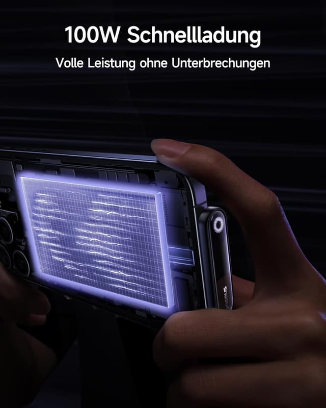 Detalle de Baseus USB‑C auf USB‑C Kabel 90 Grad, 2 m, 100 W mit Ring-Umgebungslicht