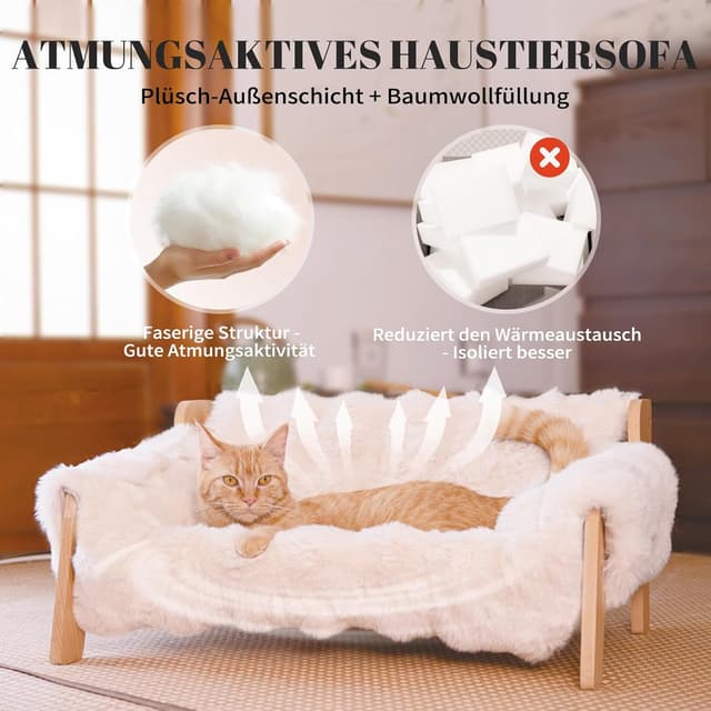 Detalle de CheerPals erhöhtes Katzenbett aus Buchenholz (70 x 47 cm) mit abnehmbarer, waschbarer Plüschdecke