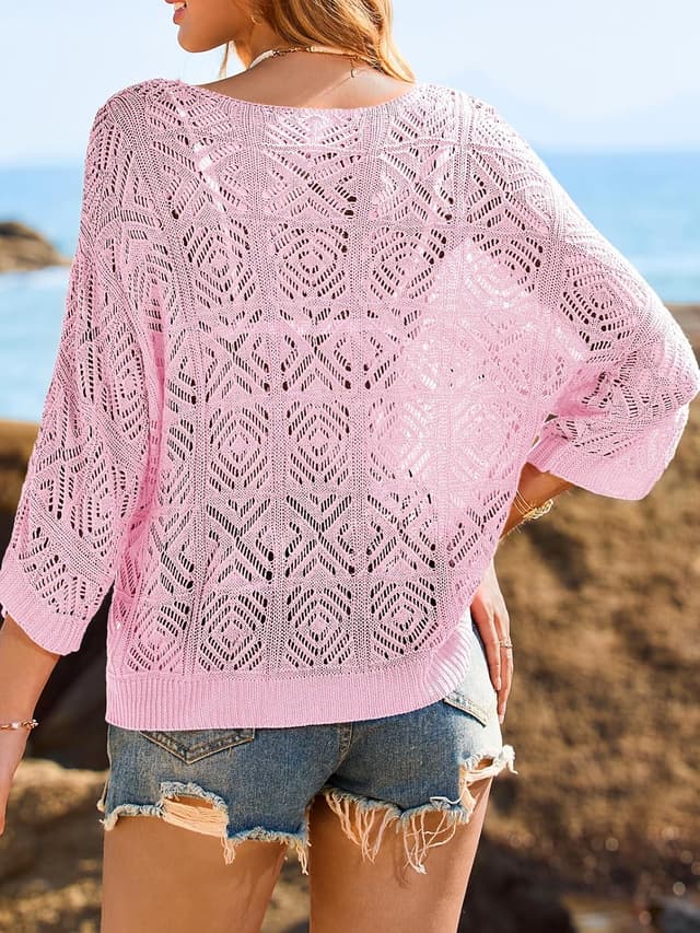 Detalle de Saodimallsu Crochet Cover Up Top for Women — Off-Shoulder Mesh Beach Swimsuit Cover-Up, 3/4 Sleeve