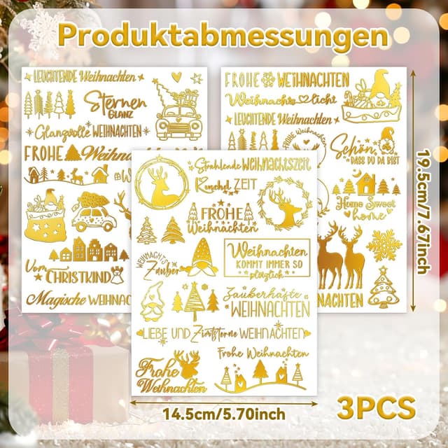 Detalle de Aoiuenok Rub-on Sticker Weihnachten in Gold Metallic – 3 Bögen für DIY, Karten & Geschenke