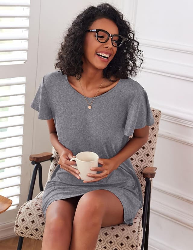 Detalle de Ekouaer Damen Nachthemden Kurzarm (2er-Set) – Sleepshirt mit Print, V-Ausschnitt, S–XXL