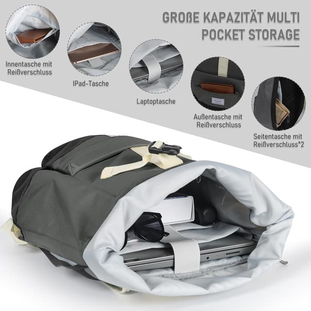 Detalle 2 de CALIYO Rolltop Rucksack Damen groß mit Laptopfach – wasserdichter Backpack für Schule, Studium & Reisen