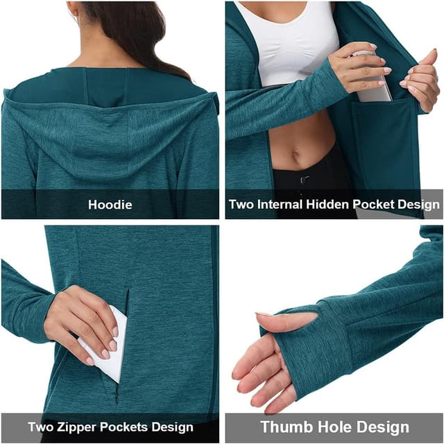 Detalle de donhobo Women’s Running Jackets with Thumb Hole, Hooded Zip Hoodie Top (UPF 50+)